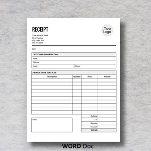 Receipt Template Editable WORD Doc Form, Printable Receipt, Google Doc Billing Template, Payment Receipt Order Template, Editable Receipt