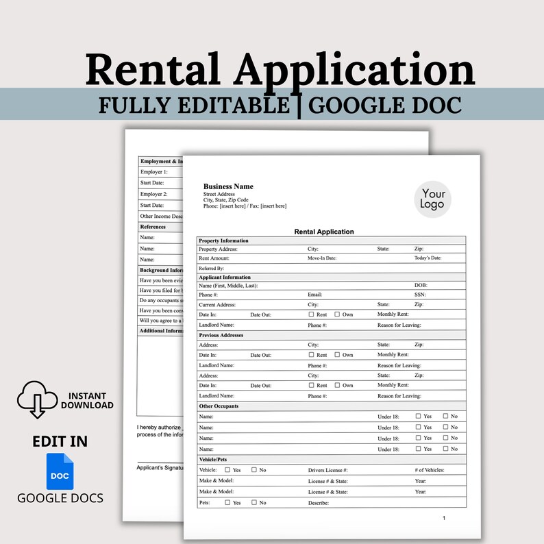 EDITABLE Rental Application, Landlord Rental Application, Lease
