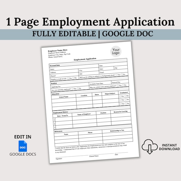Job Application Template, Fully Editable Google Doc, HR Template, 1 Page Quick and Easy New Employee Application Form, New Hire Form