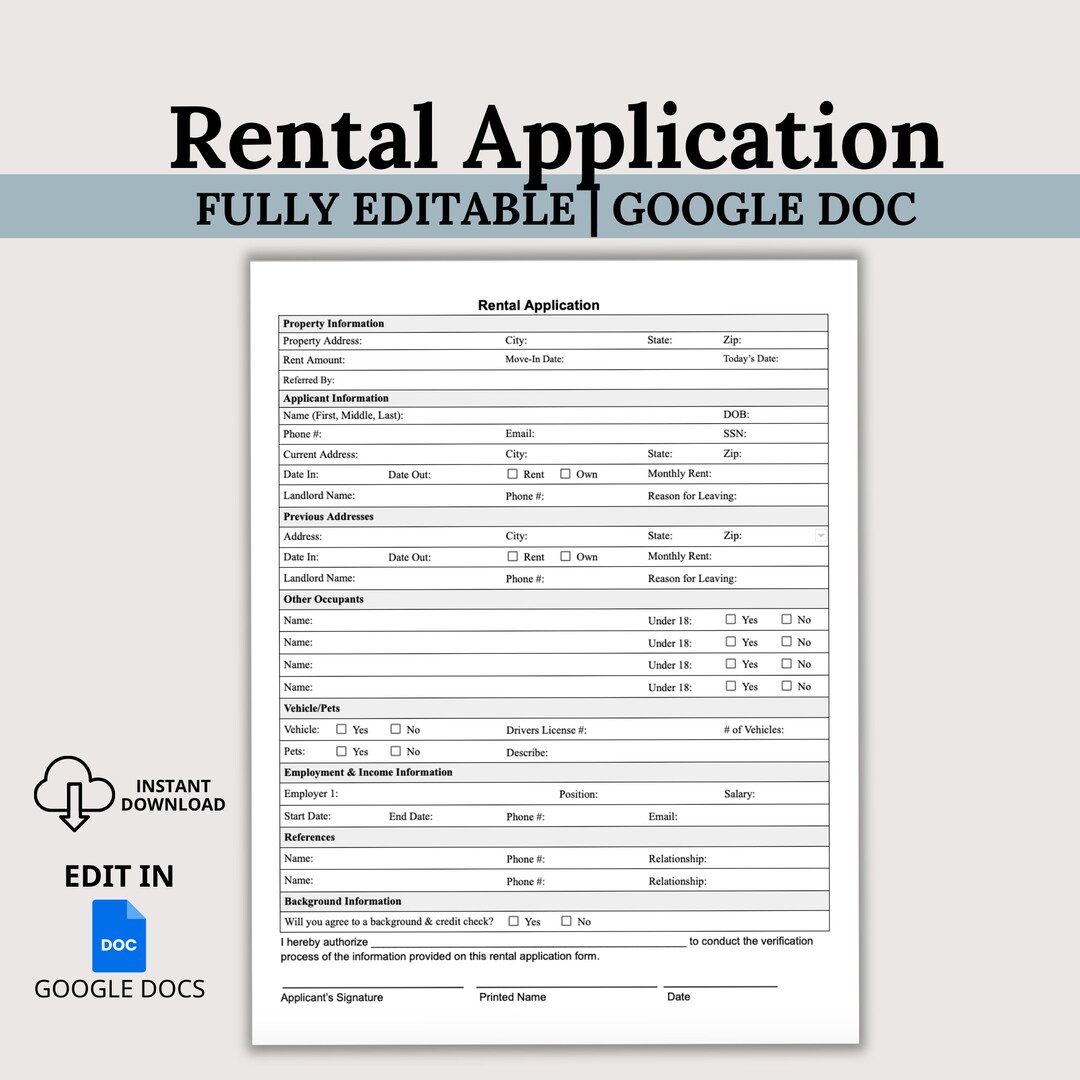 EDITABLE Rental Application, Landlord Rental Application, Lease ...