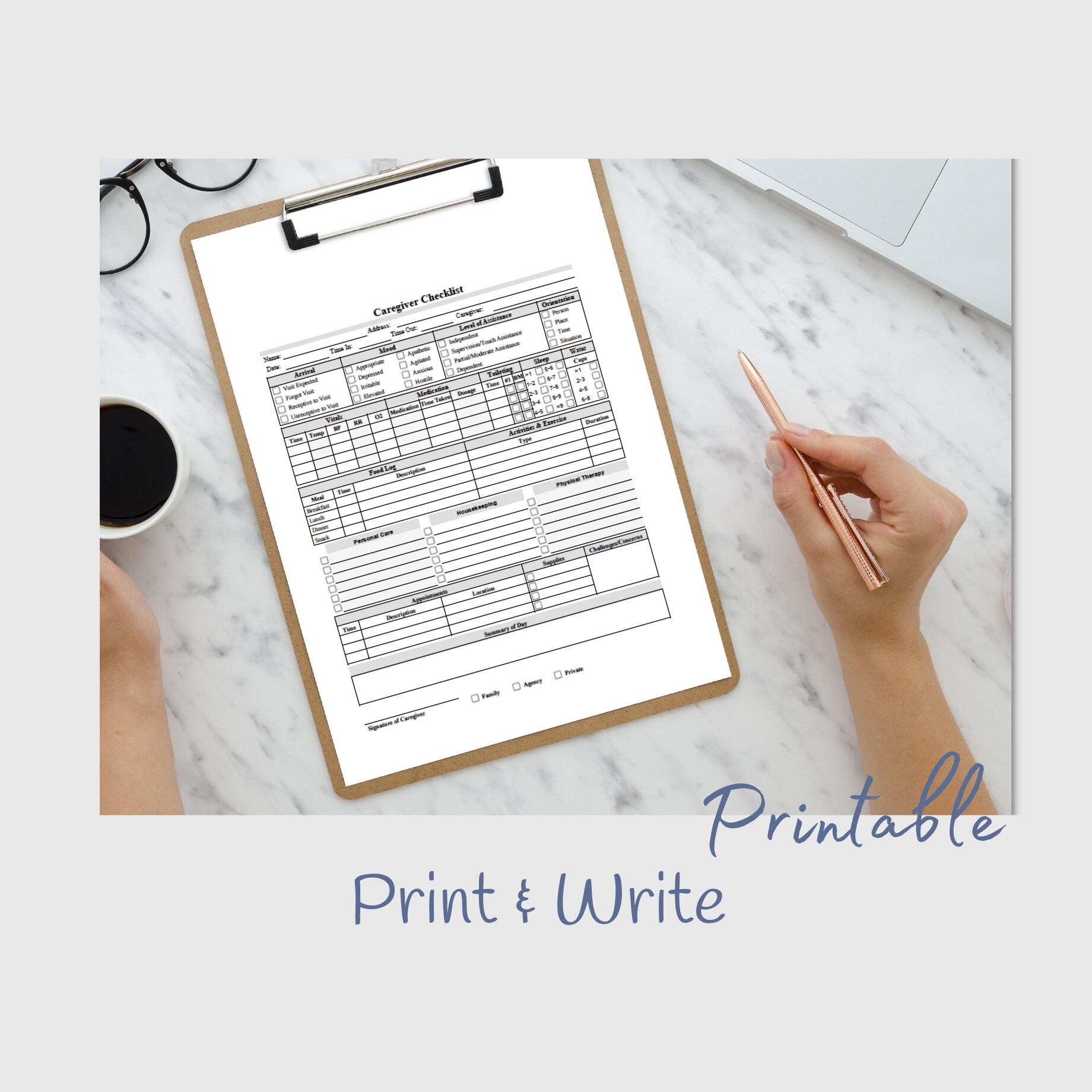 Caregiver Checklist, Home Care Visit Report Form, Daily Log, Fillable ...