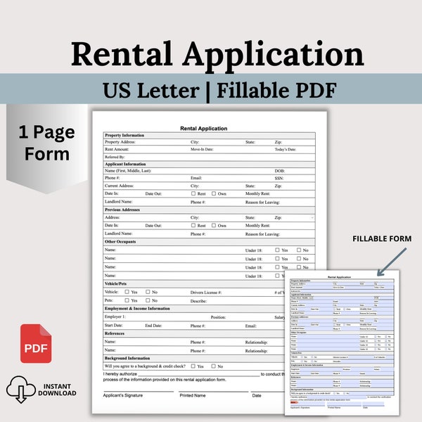 Rental Application, Landlord Rental Application, Lease Application, Landlord Forms, Fillable PDF, Tenant Rental Application, Easy 1 Page