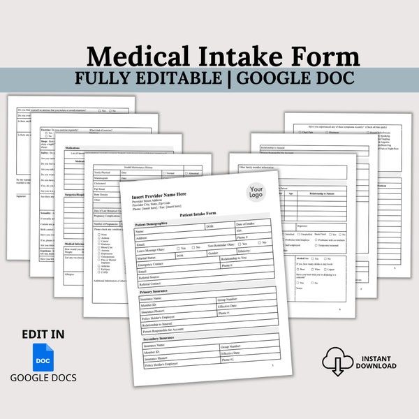 Modèle d'historique de santé du patient pour un cabinet de soins de santé, formulaire d'admission du patient imprimable, formulaire d'informations médicales, formulaire d'admission du patient, document Google