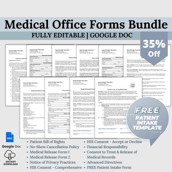 EDITABLE Medical Office Forms BUNDLE Save 35%, Policies, Consents and Legal Forms, Consent to Treat, Financial Agreement, and much MORE