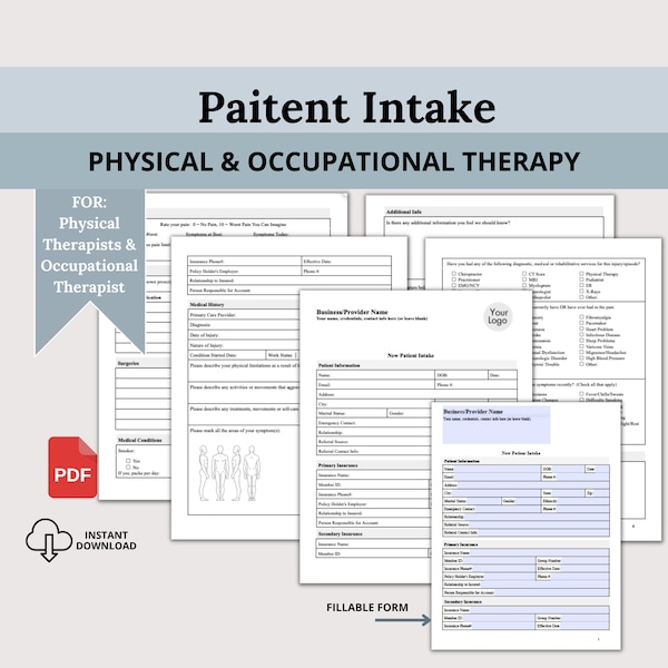 Client Intake for Physical Therapist and Occupational Therapist, Physiotherapy, Therapy Office Forms, New Patient Intake Form, Fillable PDF