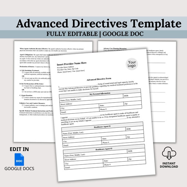 Advanced Directive Template, Medical Office Forms, End of Life, Healthcare Template, Editable Google Doc, Living Will Printable Form