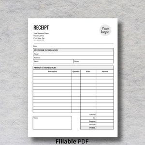 Receipt Template Fillable PDF Form, Printable Receipt, Google Doc Billing Template, Payment Receipt Order Template, Editable Receipt