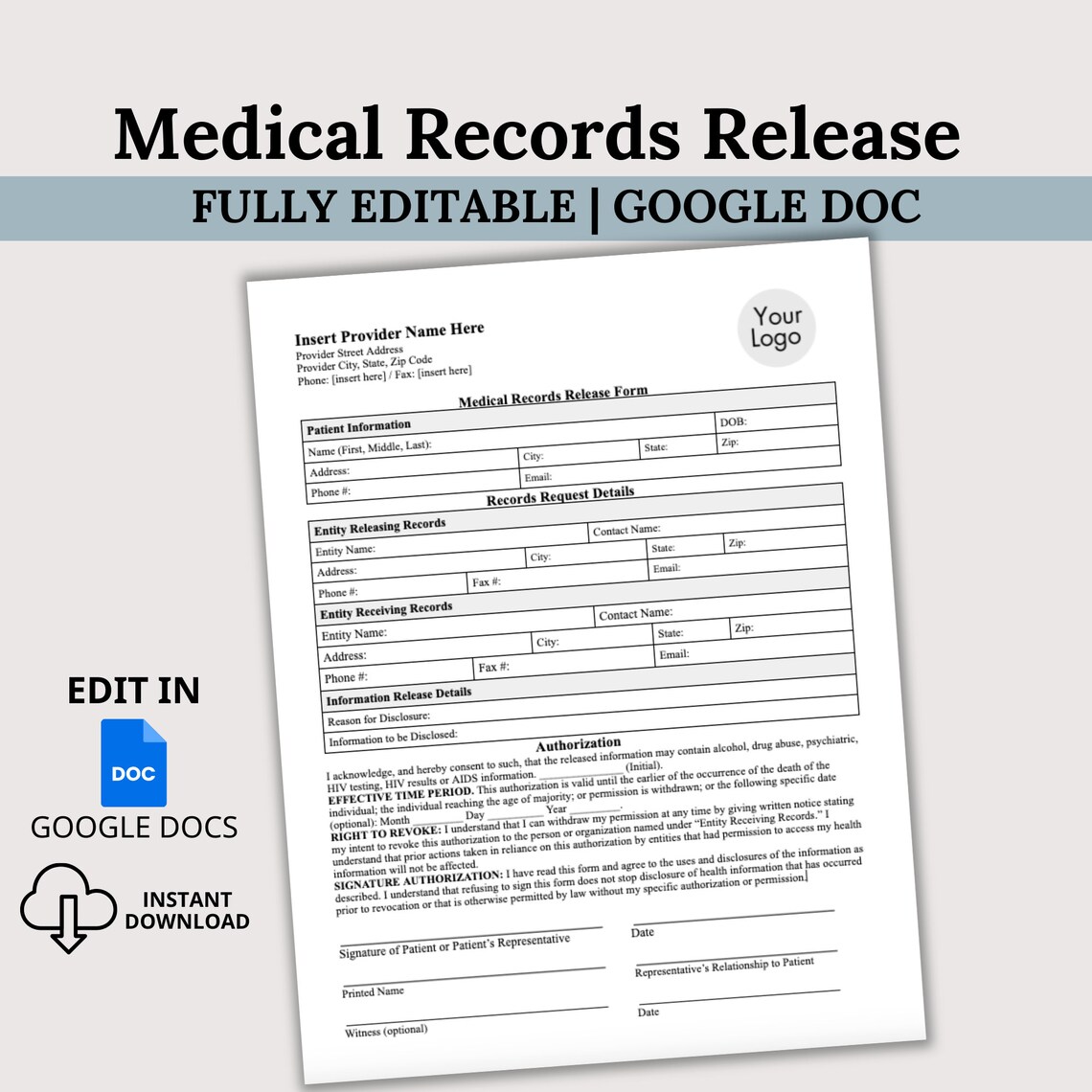 Medical Records Release Form, Printable Records Release Authorization