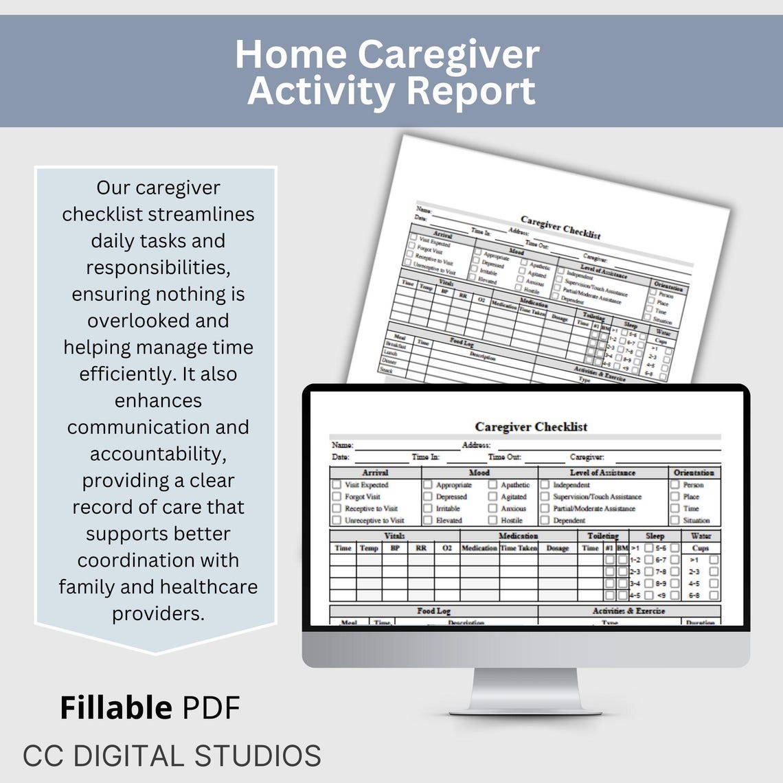 Caregiver Checklist, Home Care Visit Report Form, Daily Log, Fillable ...