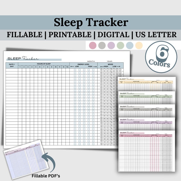 Sleep Tracker Fillable PDF, Digital Sleep Log, Mood Tracker, Energy Level Log, Sleep Journal, Health Planner, Health Planner, Sleep Diary
