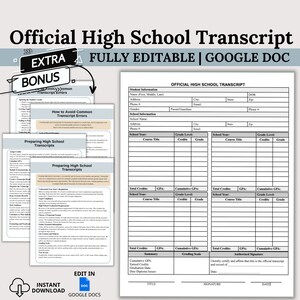 Transcripción de la escuela secundaria, boleta de calificaciones editable de Google Doc Homeschool, plantilla de transcripción de educación en el hogar, transcripción escolar, planificador de educación en el hogar