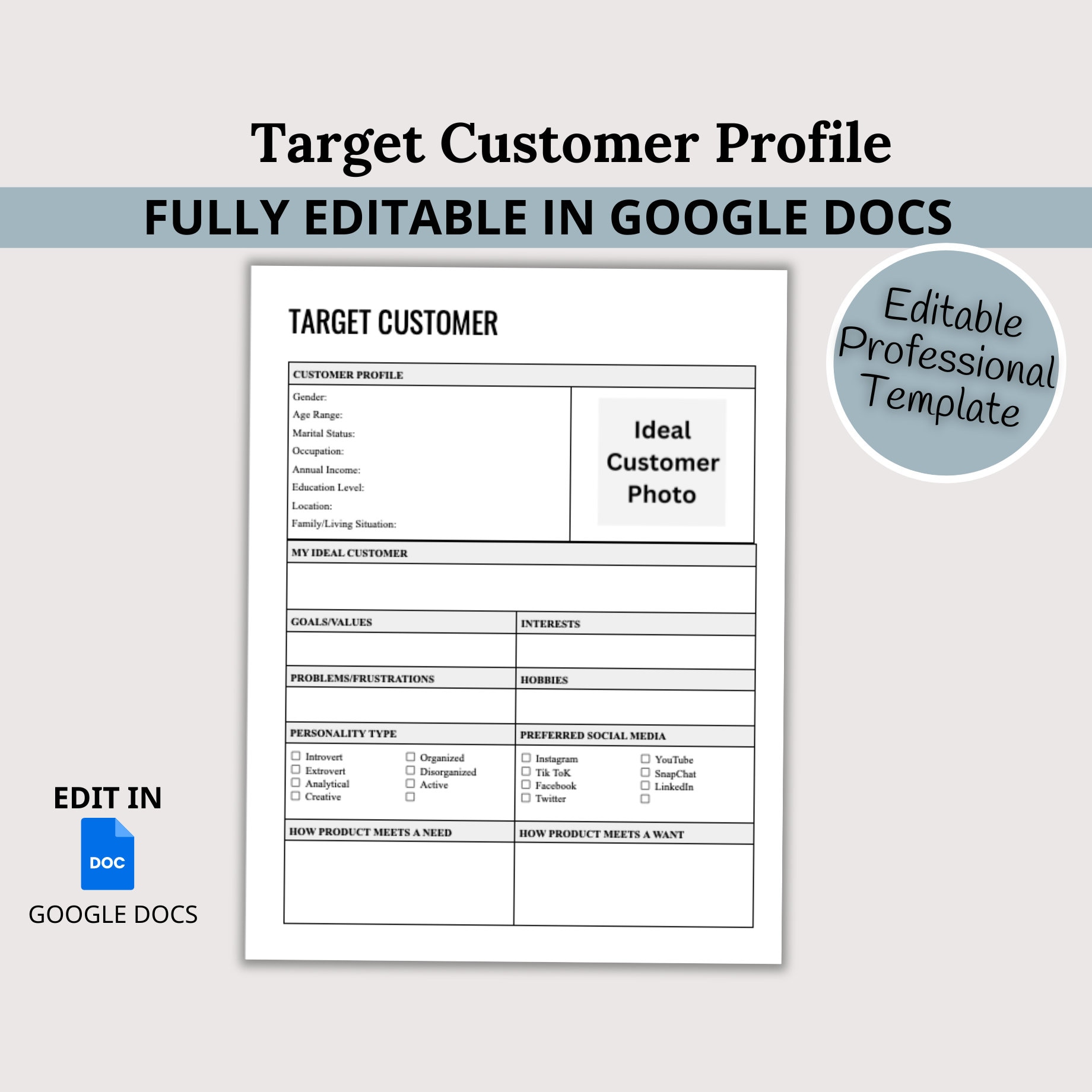 EDITABLE Target Customer Profile Template, Client Profile, Persona ...