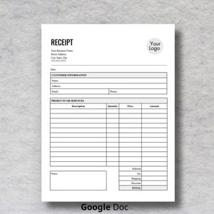 Receipt Template Editable Google Doc Form, Printable Receipt, Google Doc Billing Template, Payment Receipt Order Template, Editable Receipt