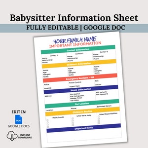 Folha de informações de babá, contato de emergência, PDF de informações importantes, informações de contato de emergência, planejador de babá, babá, babá