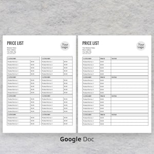 Modello di listino prezzi Listino prezzi modificabile, Documento Google per piccole imprese, Modello di modulo d'ordine, Listino prezzi stampabile, Foglio guida ai prezzi