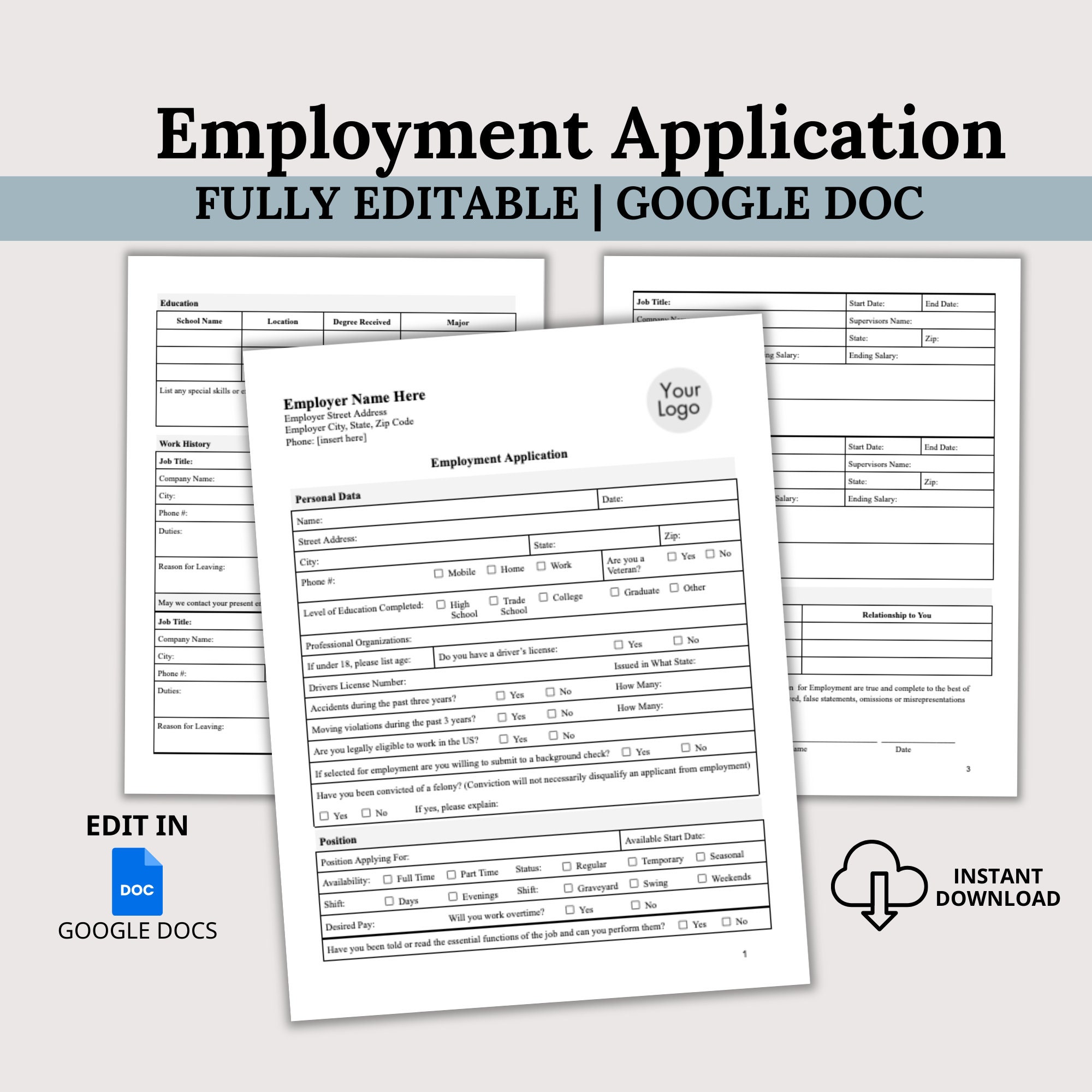 Job application template fully editable google doc hr template