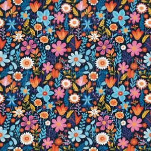 May include: A seamless pattern featuring a variety of colourful flowers on a dark blue background. The flowers are in shades of pink, blue, yellow, orange, and red. The pattern is perfect for use in fabric, wallpaper, or other decorative applications.