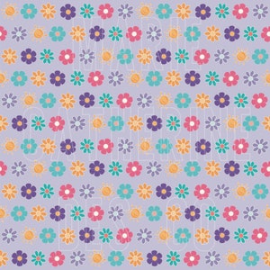 Könnte beinhalten: Ein nahtloses Muster mit verschiedenen bunten Blumen und Sonnen auf einem hellvioletten Hintergrund. Die Blumen sind in den Farben Rosa, Orange, Türkis und Lila. Die Sonnen sind gelb mit orangefarbenen Strahlen.