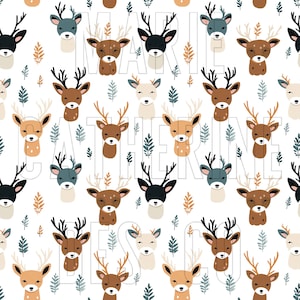 May include: A seamless pattern featuring a variety of cute deer with different colored antlers and bodies. The deer are surrounded by stylized leaves in shades of blue and brown. The background is white.