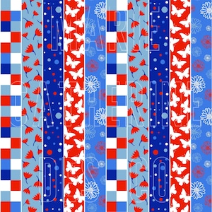 Op de afbeelding: Een digitaal papierpakket met zes verschillende patronen. De patronen zijn rood, wit en blauw en bevatten vlinders, bloemen en stippen.