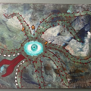 May include: Abstract painting of a green, tentacled creature with a large eye and a red tongue. The artwork features a textured background with shades of blue, green, and gray. The creature has red spikes and orange accents.
