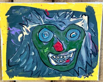 May include: A painting of a green-faced creature with a large smile and red nose. The creature has blue eyes and a wild, gray mane of hair. The painting is on a yellow background.