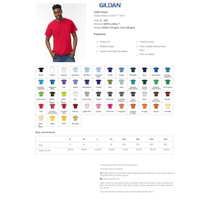 以下が含まれることがあります： ギルダンヘビーコットンTシャツのサイズチャートで、Sから5XLまでのサイズに対応する胸囲をインチで表示しています。チャートには、黒、白、赤、青、緑、黄など、36種類のカラーチャートも含まれています。