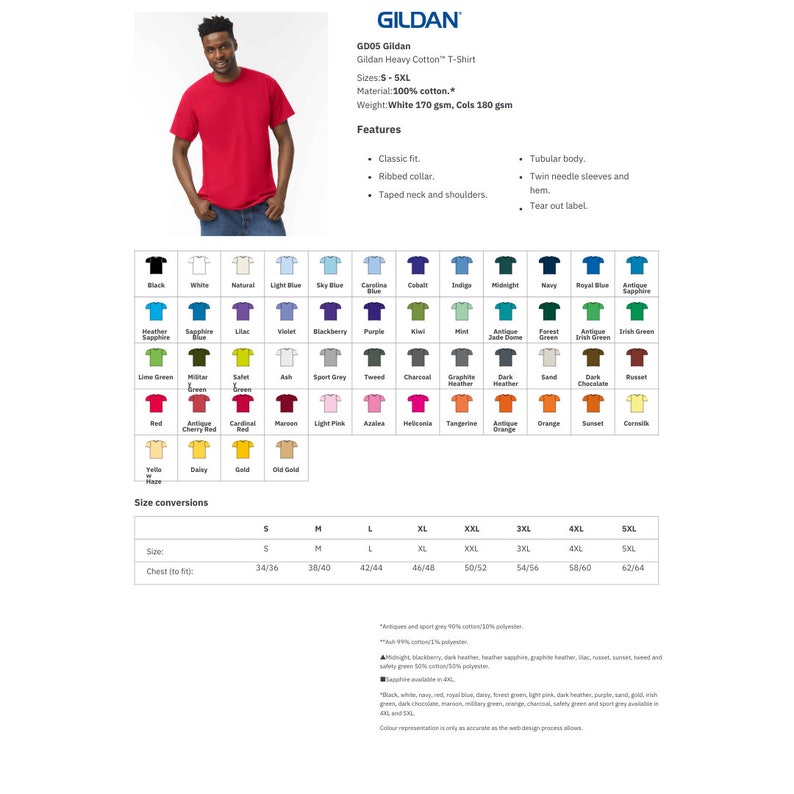 以下が含まれることがあります： ギルダンヘビーコットンTシャツのサイズチャートで、Sから5XLまでのサイズに対応する胸囲をインチで表示しています。チャートには、黒、白、赤、青、緑、黄など、36種類のカラーチャートも含まれています。