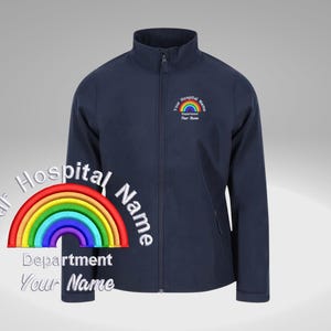 May include: Navy blue softshell jacket with a rainbow and the text "Your Hospital Name Department Your Name" embroidered on the front.