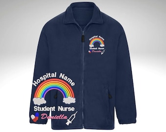 Chaqueta polar con bordado de arcoíris: uniforme médico personalizado con nombre y logotipo de hospital. Regalo para enfermeras, matronas y estudiantes.