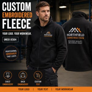 May include: A black zip-up fleece jacket featuring custom embroidery. The front displays the Northfield Construction logo on the chest, while the back shows the same logo with the text Building Quality Delivering Trust. The jacket is a Uneek UC604 model.