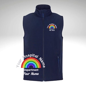 May include: A navy blue zip-up vest with a high collar. The vest has a rainbow design and text that reads "Your Hospital Name", "Department", and "Your Name". A practical garment for medical professionals.