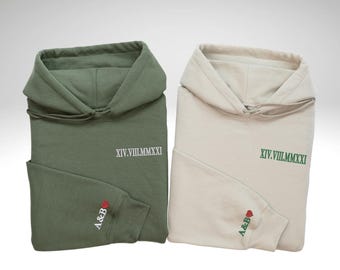 Custom Personalised His & Hers Couples Hoodies | Embroidered Matching Hoodies with Roman Numeral Wedding Date | Perfect Anniversary Gift