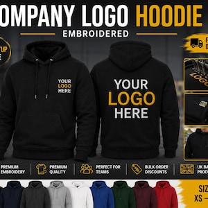 May include: A black hooded sweatshirt featuring an embroidered logo on the left chest and a larger version on the back. The hoodie includes a drawstring hood and a front pouch pocket. Additional colour options are displayed at the bottom.