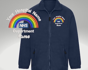 Veste polaire personnalisée NHS arc-en-ciel brodée | Nom de l'hôpital | Votre nom | Nom du département | Veste polaire d'uniforme de travail NHS |