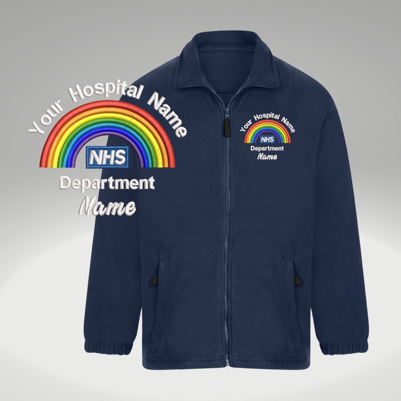 Rainbow NHS gepersonaliseerde fleecejack geborduurd Naam ziekenhuis Jouw naam Afdelingsnaam NHS werkuniform fleecejack afbeelding 1