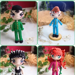 May include: Four crocheted anime characters from the show Yu Yu Hakusho. The characters are Yusuke Urameshi, Kurama, Hiei, and Kuwabara. Each character is wearing their signature outfit and is posed in a dynamic stance.