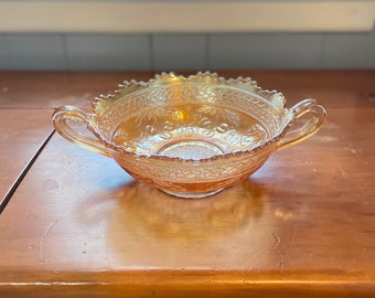 Vintage Fenton Cherry Circles Marigold Carnival Glass Two handles glass Bowl