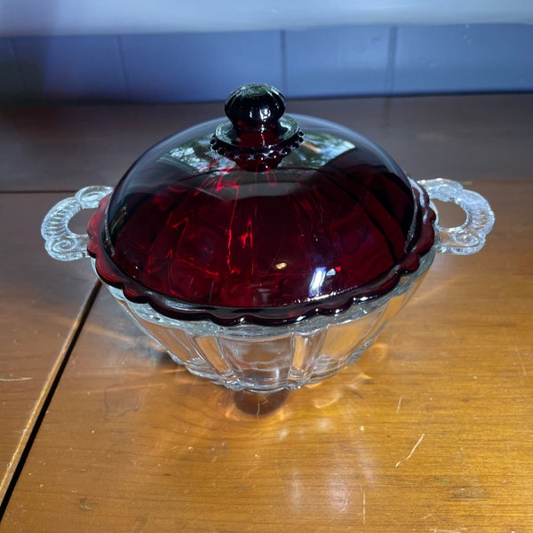 Vintage Hocking Glass Old Cafe Covered Royal Ruby Candy Jar