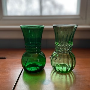 Vintage Anchor Hocking Pair of  Green Glass Vases
