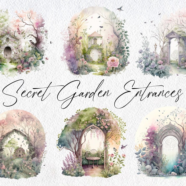 Cute Watercolor Secret Garden Entrances Scenes, Commercial Use Clipart, Spring Clipart, Scrapbooking, House, Garden, Trees, Flowers