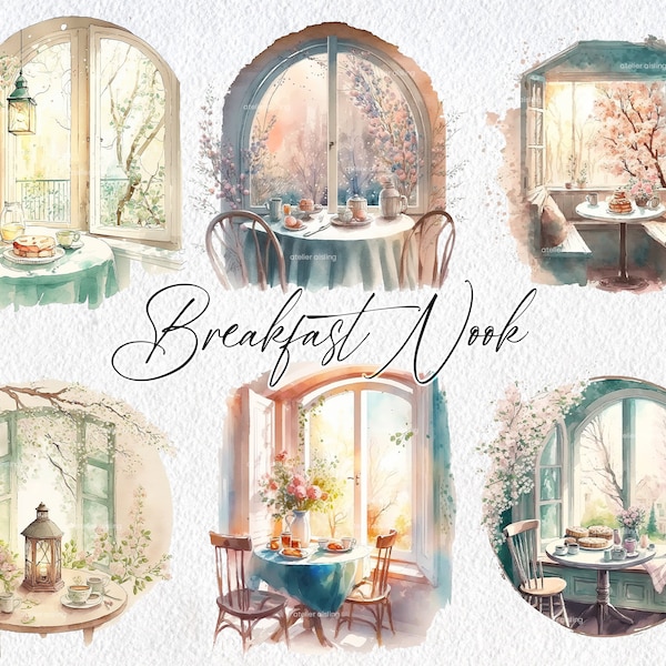 Niedliches Aquarell Frühstück Nook Fenster Szenen, Kommerzielle Nutzung Clipart, Home Clipart, Scrapbooking, Fenster, Frühling, Cottagecore, Haus