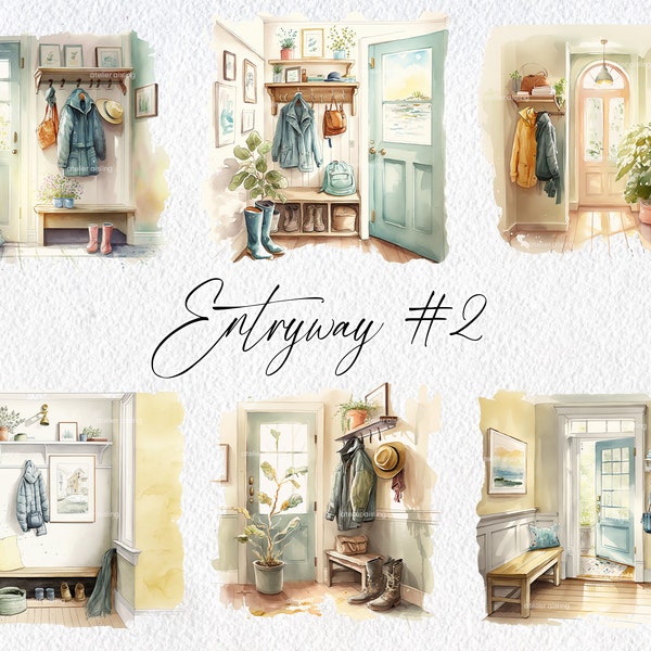 Cute Watercolor Entryway Scenes, Volume 2, Commercial Use Clipart, Home Clipart, Scrapbooking, Mudroom, Cottagecore, House, Entrance