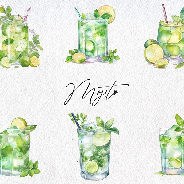 Cute Watercolor Mojito Scenes, Commercial Use Clipart, Drink Clipart, Scrapbooking, Cocktail, Lime, Mint, Food