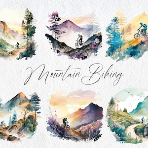 Cute Watercolor Mountain Biking Scenes, Commercial Use Clipart, Mountain Clipart, Scrapbooking, Sport, Bike, Trail, Off Road, Bicycle