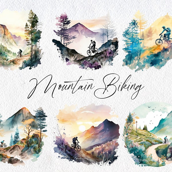 Cute Watercolor Mountain Biking Scenes, Commercial Use Clipart, Mountain Clipart, Scrapbooking, Sport, Bike, Trail, Off Road, Bicycle