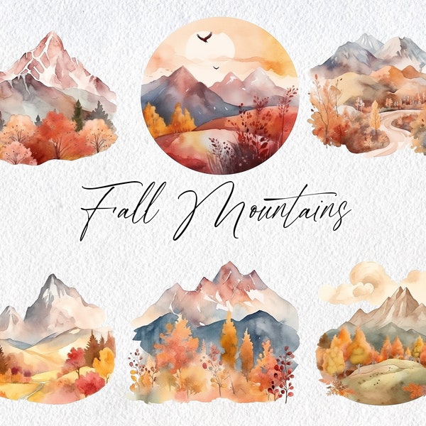 Cute Watercolor Fall Mountains, Commercial Use Clipart, Fall Clipart, Autumn, Harvest, Foliage, Scene, Mountain Range, Forest, Hiking