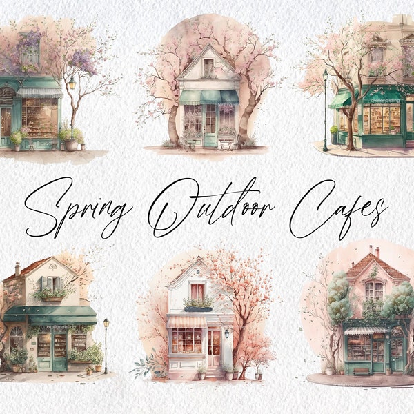 Cute Watercolor Spring Outdoor Cafe Scenes, Commercial Use Clipart, Spring Clipart, Scrapbooking, Bistro, Cafe, Trees, Flowers