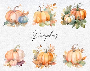 Cute Watercolor Pumpkins, Commercial Use Clipart, Fall Clipart, Autumn, Leaves, Pumpkin Patch, Pumpkin Stack, Foliage, Squash