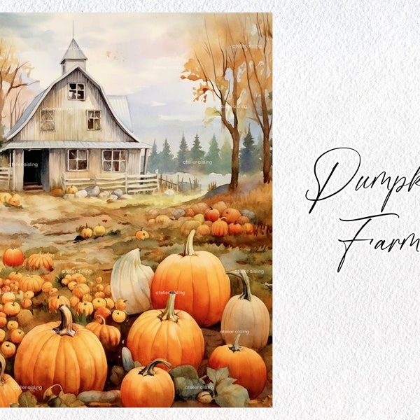 Cute Watercolor Pumpkin Farm Scene, Commercial Use Clipart, Scrapbook, Portrait, Wall Art, Fall, Autumn, Leaves, Pumpkin, Barn, Farm, Patch